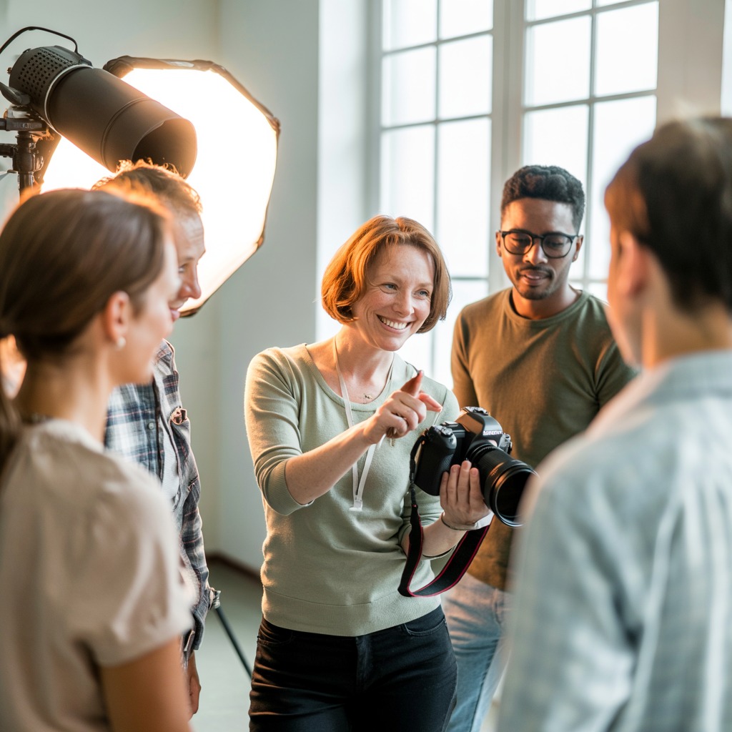 Photography instructor teaching students in studio